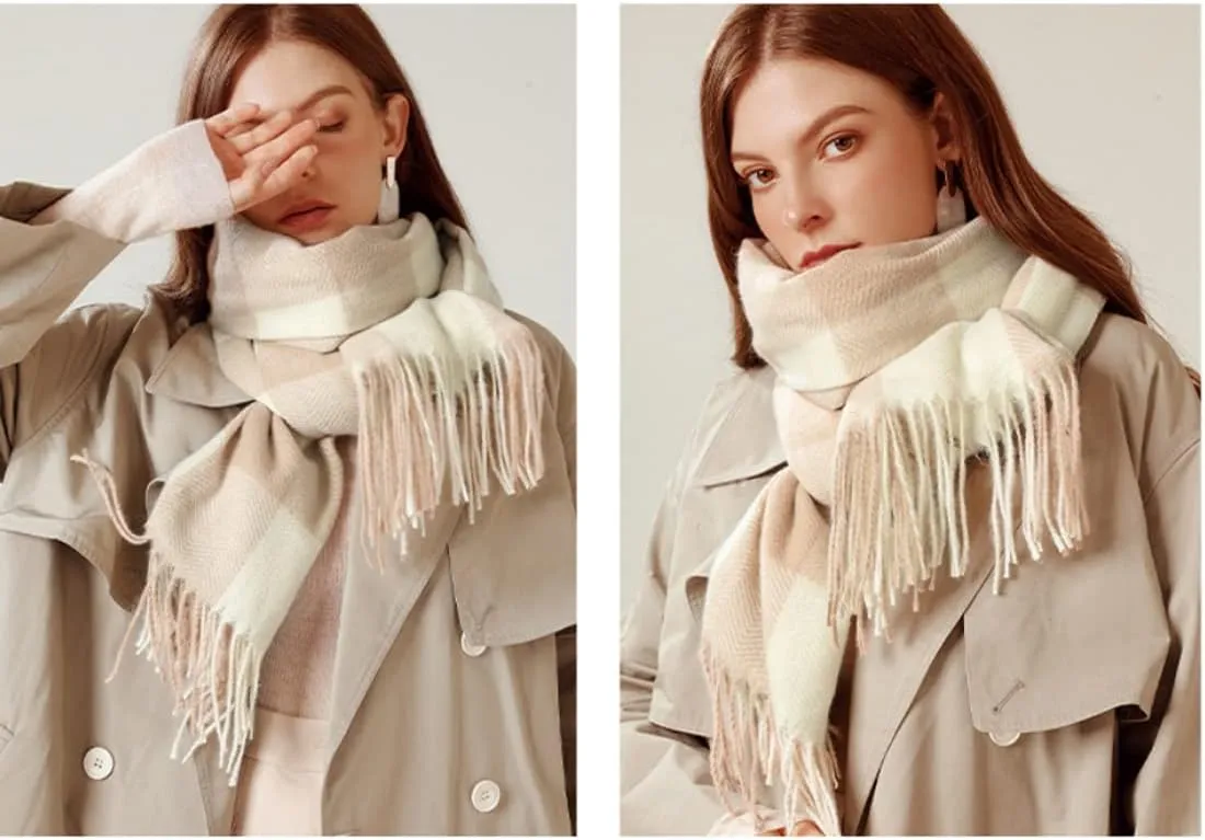 Women's Winter Spring Warm Plaid Scarves,Cashmere Feel Scarf,Knit Tassel Thick Shawl,Birthday Christmas New Year Gift.