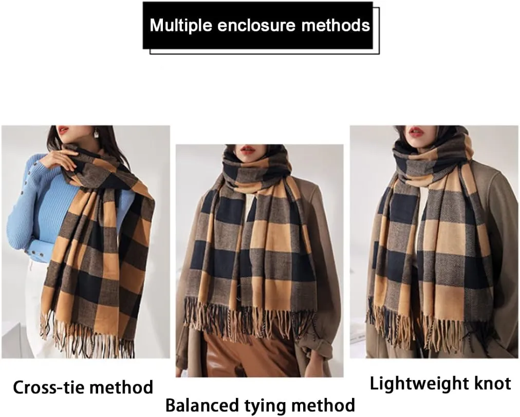 Women's Winter Spring Warm Plaid Scarves,Cashmere Feel Scarf,Knit Tassel Thick Shawl,Birthday Christmas New Year Gift.