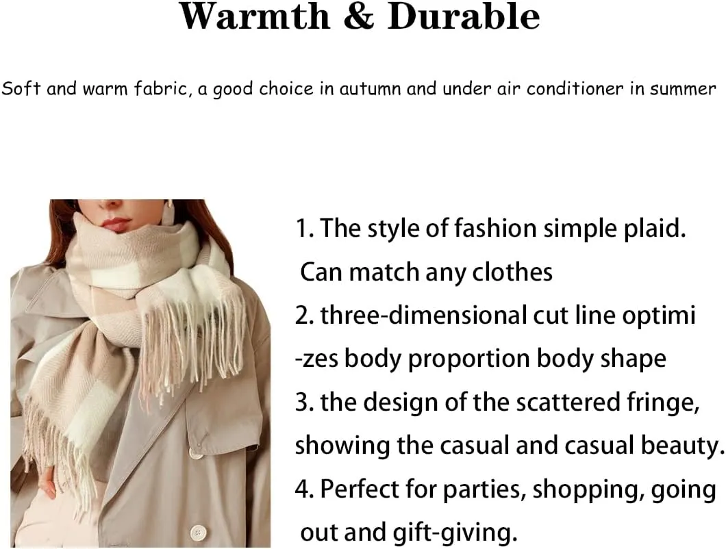 Women's Winter Spring Warm Plaid Scarves,Cashmere Feel Scarf,Knit Tassel Thick Shawl,Birthday Christmas New Year Gift.