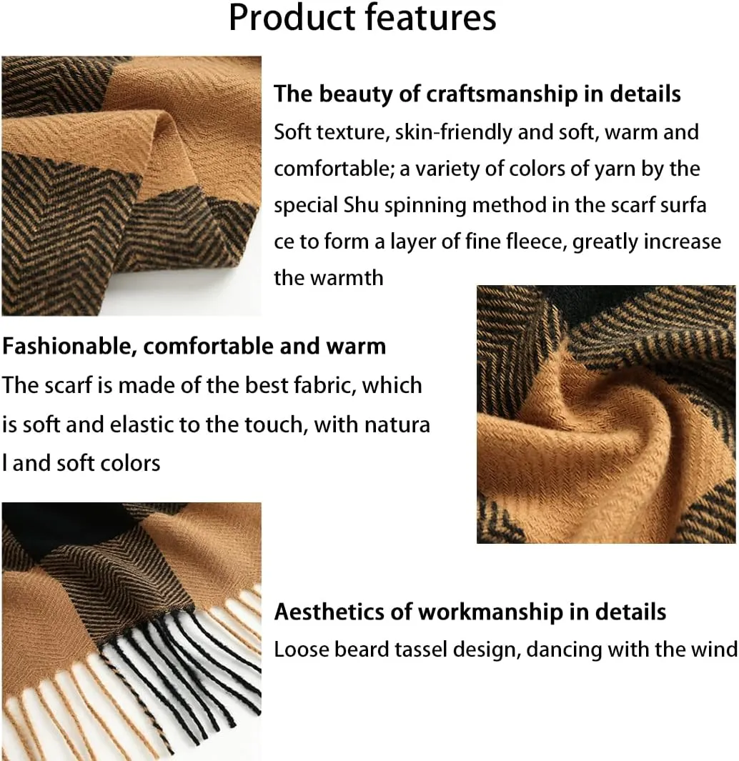 Women's Winter Spring Warm Plaid Scarves,Cashmere Feel Scarf,Knit Tassel Thick Shawl,Birthday Christmas New Year Gift.