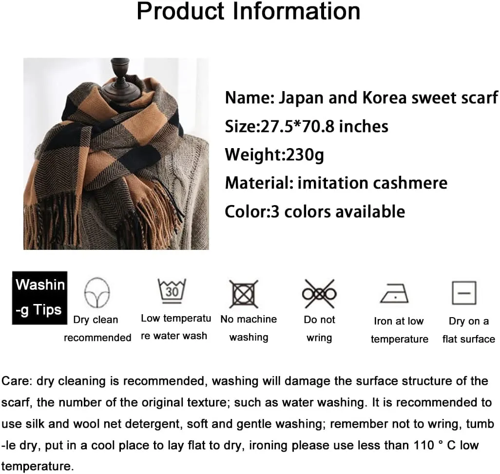 Women's Winter Spring Warm Plaid Scarves,Cashmere Feel Scarf,Knit Tassel Thick Shawl,Birthday Christmas New Year Gift.