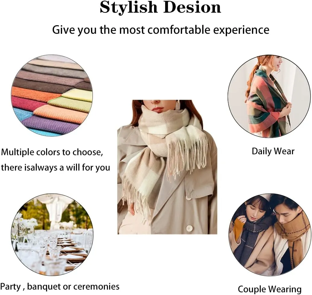 Women's Winter Spring Warm Plaid Scarves,Cashmere Feel Scarf,Knit Tassel Thick Shawl,Birthday Christmas New Year Gift.