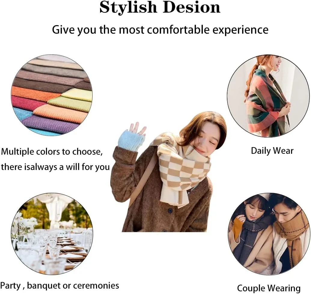 Women's Winter Warm Big Plaid Scarves,Cashmere Feel Scarf,Knit Tassel Thick Shawl,Birthday Christmas New Year Gift.