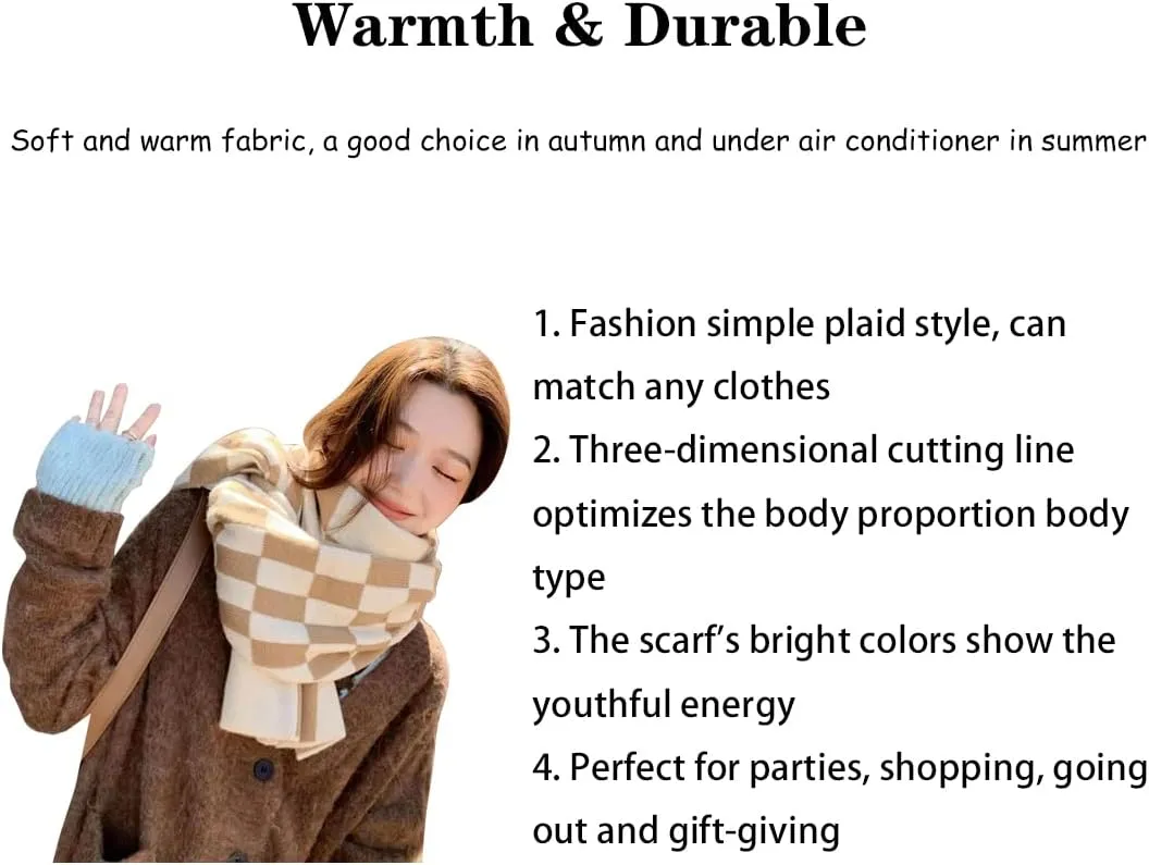 Women's Winter Warm Big Plaid Scarves,Cashmere Feel Scarf,Knit Tassel Thick Shawl,Birthday Christmas New Year Gift.