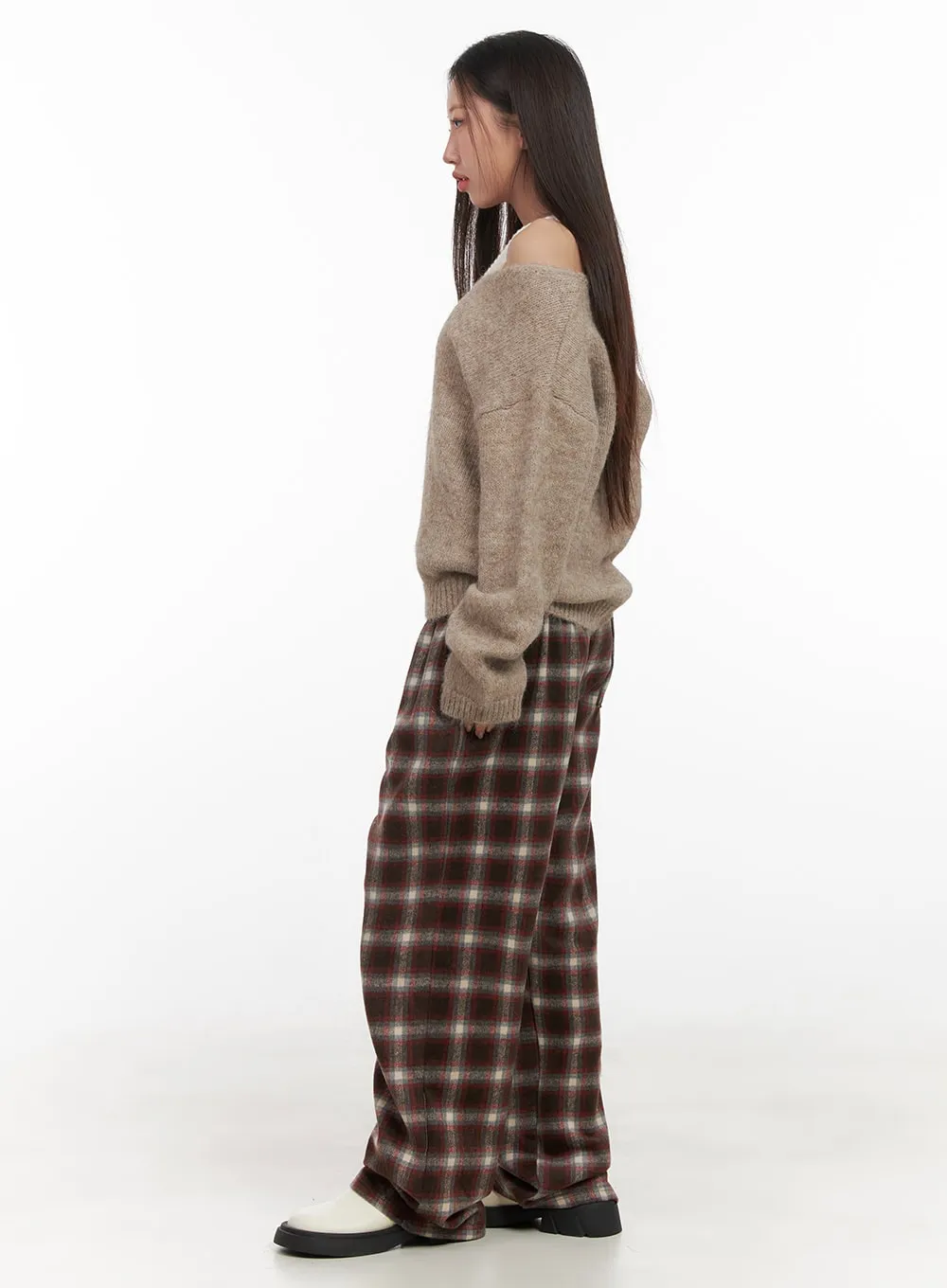 Wool Blend Adjustable Checkered Pants CD416