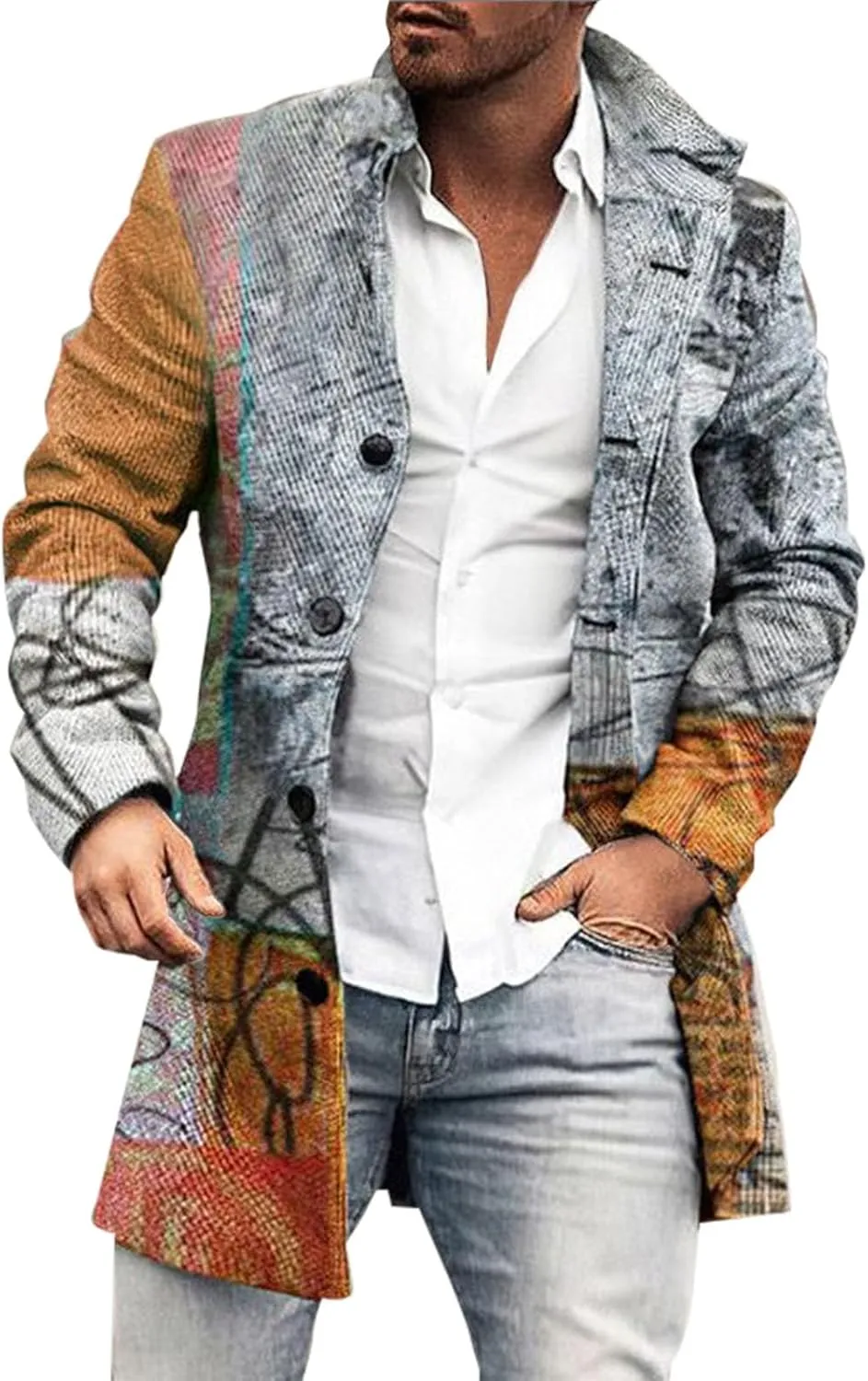 Wool Blend Trench Coat Men Notched Collar Plaid Single Breasted Pea Coats Slim Fit Warm Winter Jackets Big and Tall