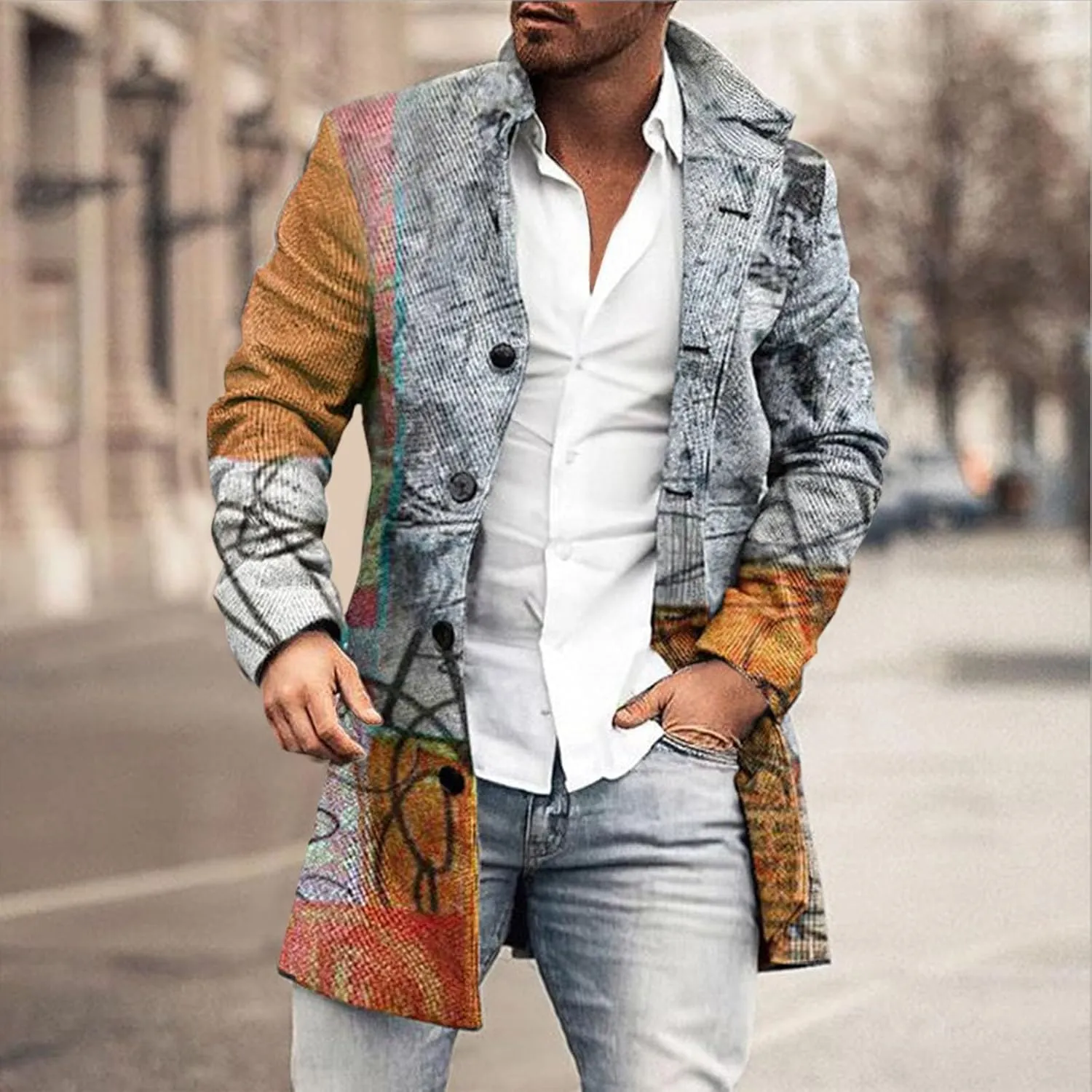 Wool Blend Trench Coat Men Notched Collar Plaid Single Breasted Pea Coats Slim Fit Warm Winter Jackets Big and Tall