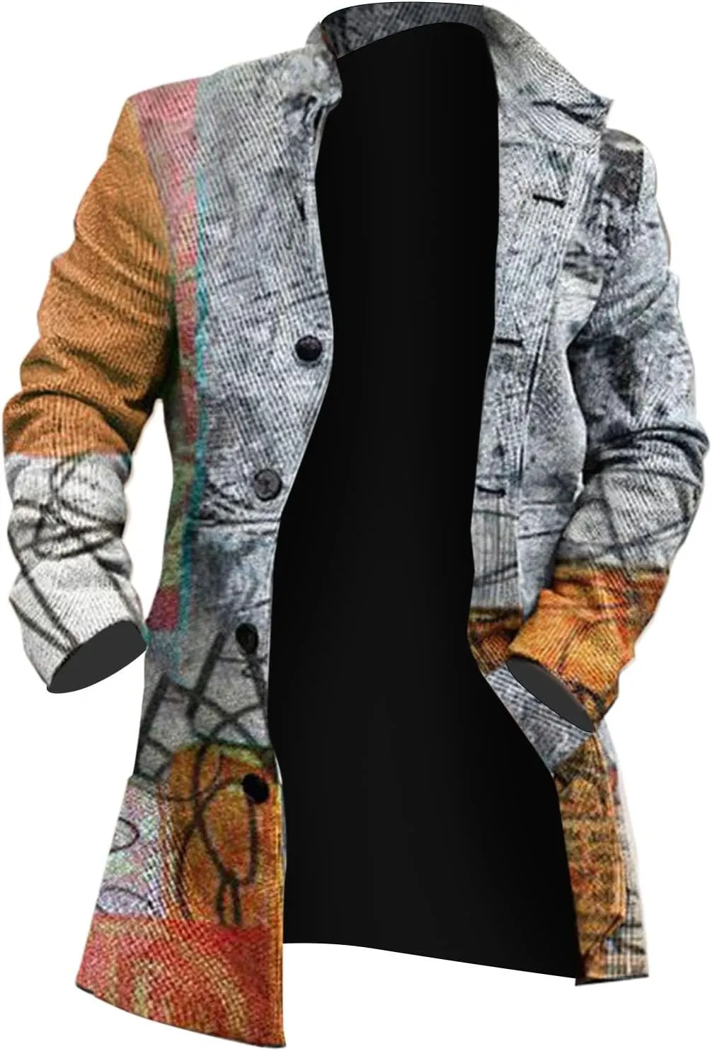 Wool Blend Trench Coat Men Notched Collar Plaid Single Breasted Pea Coats Slim Fit Warm Winter Jackets Big and Tall