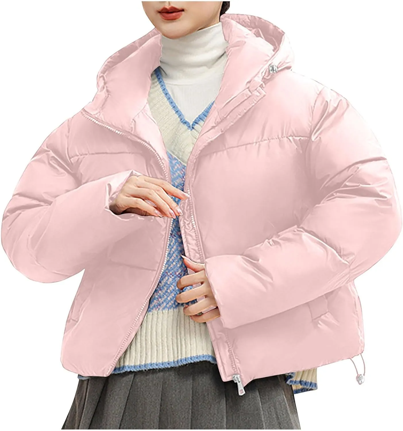 XUNRYAN Puffer Jackets Women Cropped Winter Warm Down Coat Hooded Quilted Lightweight Jacket Short Coat Warm Parka Overcoat