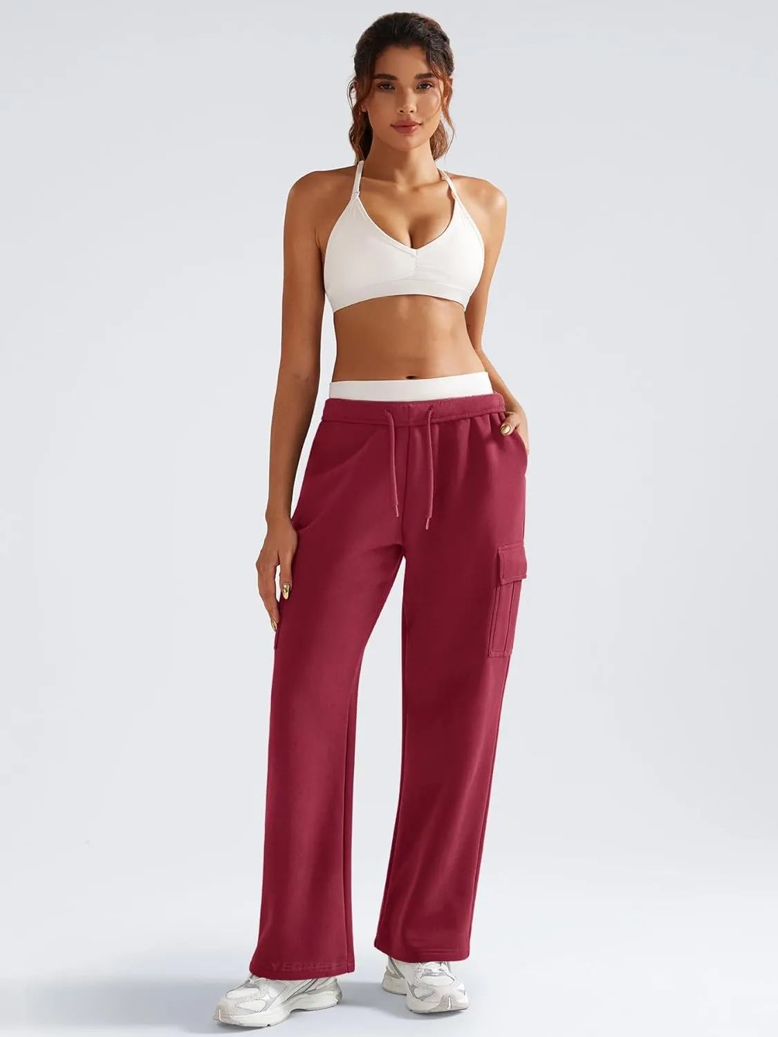 YEOREO Sweatpants Womens Cargo Pants Fleece Lined Wide Leg Joggers Baggy Drawstring Nairi Sweat Pants with Pockets