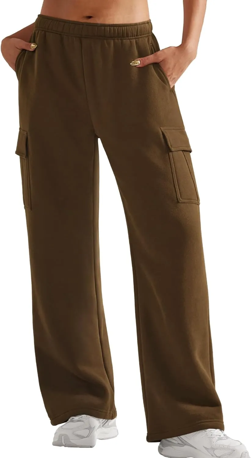 YEOREO Sweatpants Womens Cargo Pants Fleece Lined Wide Leg Joggers Baggy Drawstring Nairi Sweat Pants with Pockets