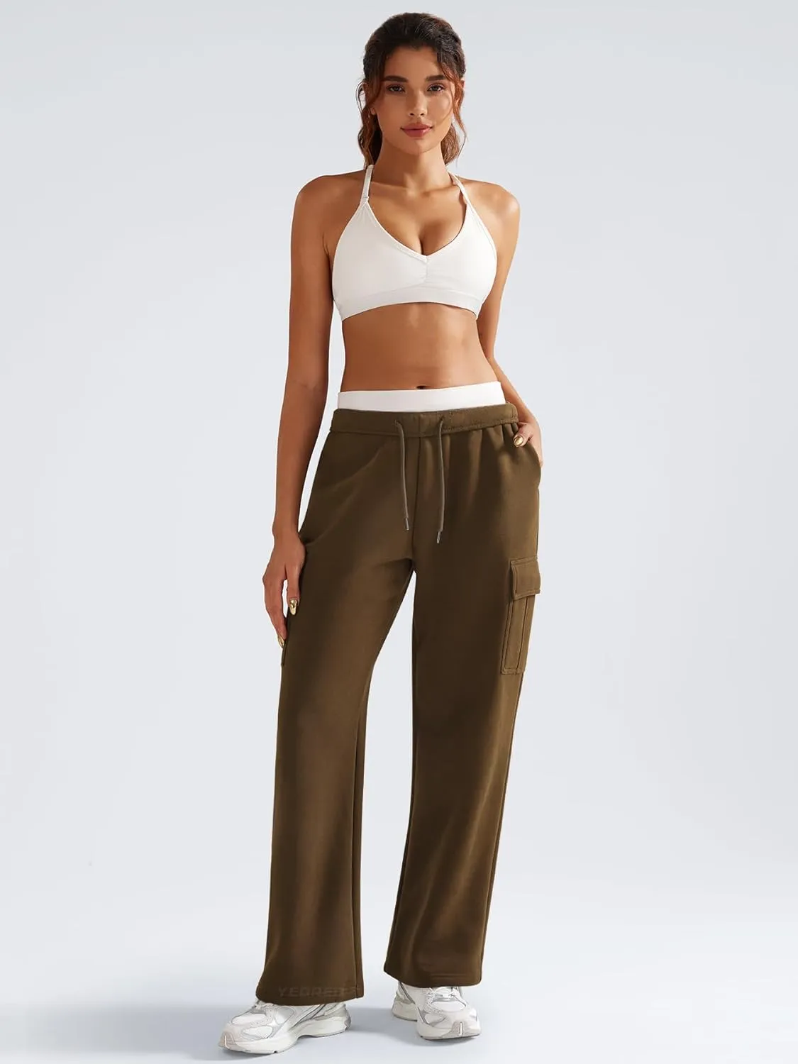 YEOREO Sweatpants Womens Cargo Pants Fleece Lined Wide Leg Joggers Baggy Drawstring Nairi Sweat Pants with Pockets