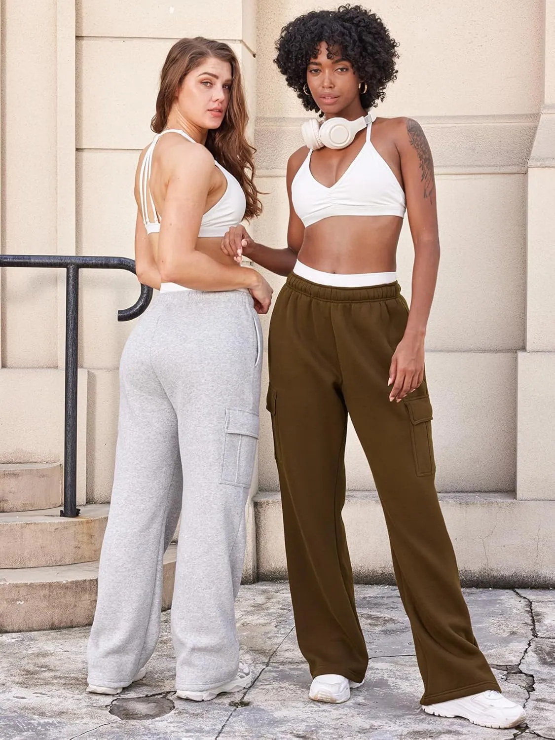 YEOREO Sweatpants Womens Cargo Pants Fleece Lined Wide Leg Joggers Baggy Drawstring Nairi Sweat Pants with Pockets