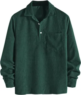 ZAFUL Men's Corduroy Shirts Solid Color 2024 Fall Half Button Long Sleeves Polo Shirt Casual Work Collared Shirt with Pocket