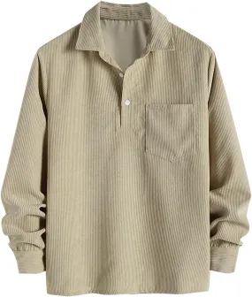 ZAFUL Men's Corduroy Shirts Solid Color 2024 Fall Half Button Long Sleeves Polo Shirt Casual Work Collared Shirt with Pocket